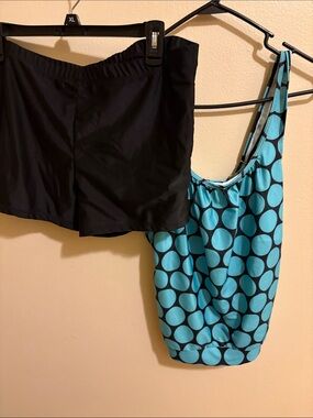Black Swim Skirt and Blue Polka Dot Tankini Top